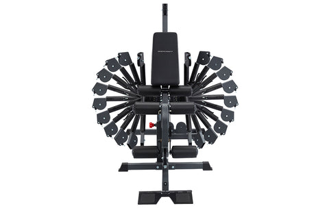 Black multi-station home gym system with weight stack, chest press, leg press, and leg extension attachments on white backgro