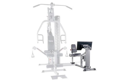 BodyCraft Xpress Pro leg press attachment with black padded seat and footplate, shown next to main machine on white backgroun
