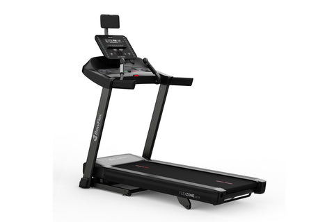 Black Bowflex T6 treadmill with digital console, handrails, and FlexZone deck on white background