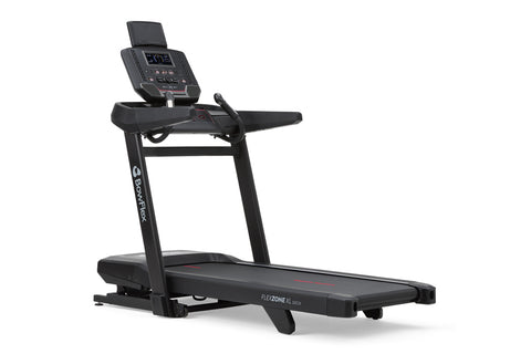 Black Bowflex T9 treadmill with digital console display, cushioned running deck, and handlebars on white background
