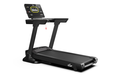 Black motorized treadmill with digital display tablet mounted on top showing workout metrics and yellow circular interface, o