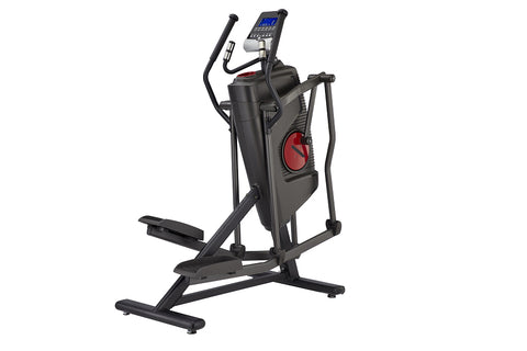 Black elliptical machine with red accent wheel, digital blue display console, and fixed handlebar grips, on white background