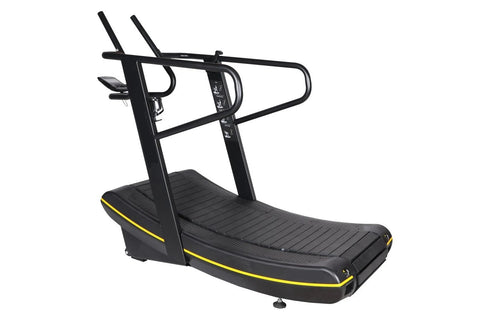 Black curved treadmill with yellow trim, dual handles, and digital display console on white background