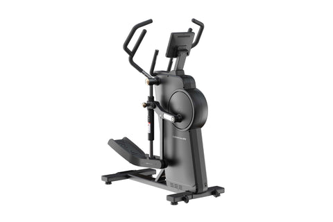 Black elliptical trainer with dual handles, digital display console, and wide foot pedals on white background