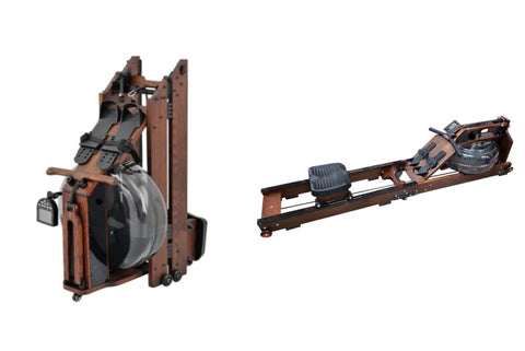 Folding water rowing machine with dark wood frame, black foot pedals, and gray water tank, shown in open and collapsed positi