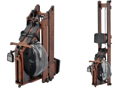 Folding water rowing machine with dark wood frame, black foot pedals, and gray water tank, shown in open and collapsed positi