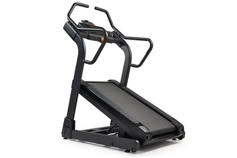 Black incline trainer treadmill with angled running deck, dual handrails, and digital display on white background