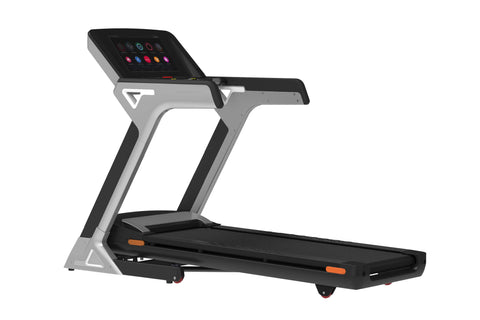 Black folding treadmill with digital touchscreen display, orange accents, and M6 model designation on white background