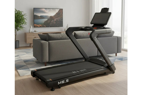 Black heavy-duty treadmill with digital console display, curved handrails, and M6.5 label on running deck, on white backgroun