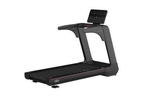 Black commercial treadmill with digital touchscreen display, red accents, and wide running belt on white background