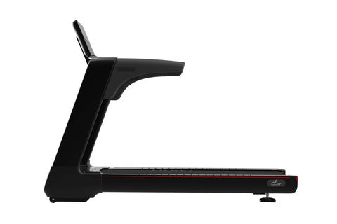Black commercial treadmill with digital touchscreen display, red accents, and wide running belt on white background