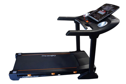 Black and orange folding treadmill with digital display console, dual handles, and cushioned running deck on white background