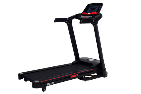 Black folding treadmill with red accents, digital display console, and dual handles, on white background
