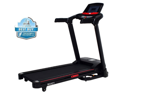 Black folding treadmill with red accents, digital display console, and dual handles, on white background