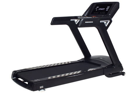 Black motorized treadmill with digital display console, cushioned running deck, and sturdy frame on white background