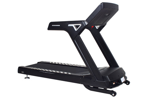 Black motorized treadmill with digital display console, cushioned running deck, and sturdy frame on white background