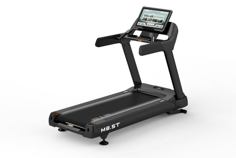 Black motorized treadmill with digital touchscreen console displaying workout interface, padded running deck, and dual handra