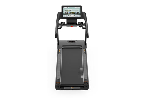 Black motorized treadmill with digital touchscreen console displaying workout interface, padded running deck, and dual handra
