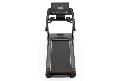 Black M8.5 motorized treadmill with digital control console, padded handlebars, and running deck on white background