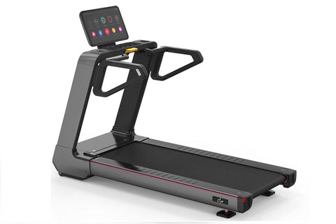 Black and gray commercial treadmill with digital touchscreen console displaying workout metrics and colorful app icons
