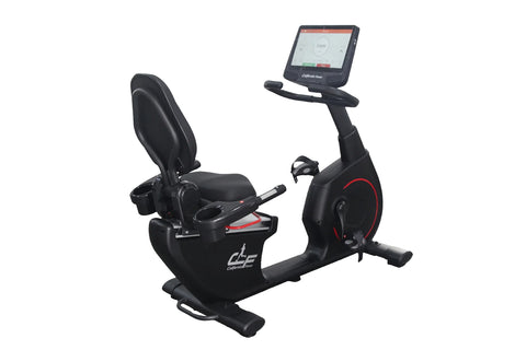 California Fitness R8 black recumbent exercise bike with digital console display and adjustable padded seat on white backgrou