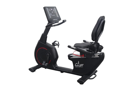 California Fitness R8 black recumbent exercise bike with digital console display and adjustable padded seat on white backgrou