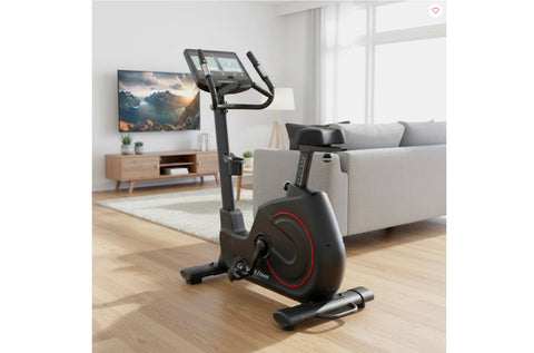 California Fitness U8 black upright exercise bike with red accents, digital display console, and padded seat on gray floor