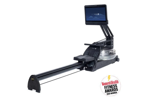 Black CityRow Max rowing machine with digital touchscreen monitor, adjustable arm support, and extended rail on white backgro