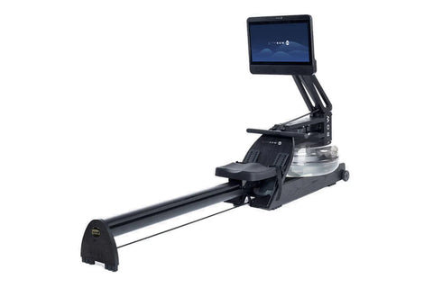 Black CityRow Max rowing machine with digital touchscreen monitor, adjustable arm support, and extended rail on white backgro