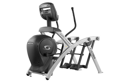 Cybex 525AT Total Body Arc Trainer Elliptical with black seat and console, silver frame, on white background