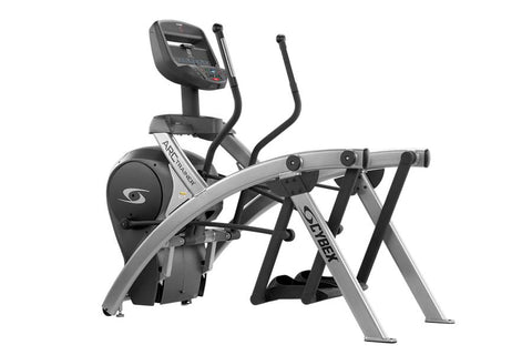 Cybex 525AT Total Body Arc Trainer Elliptical with black seat and console, silver frame, on white background