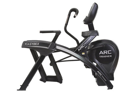 Cybex 771AT Total Body Arc Trainer with black seat, dual handlebars, digital display console, and silver frame on white backg