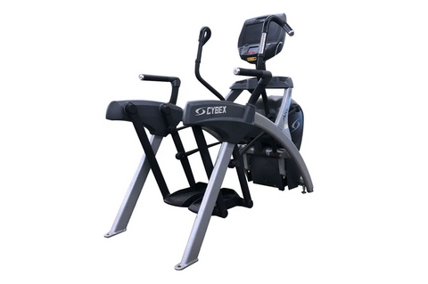 Cybex 771AT Total Body Arc Trainer with black seat, dual handlebars, digital display console, and silver frame on white backg