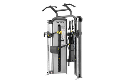 Cybex Bravo advanced functional trainer with dual weight stacks, black and silver frame, cable handles, and digital display p