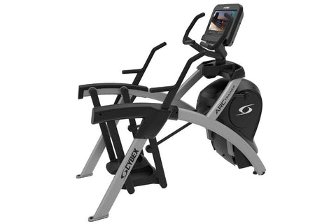 Cybex R Series Arc Trainer with black pedals and handles, gray frame, digital display screen, on white background