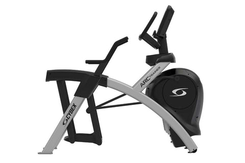 Cybex R Series Arc Trainer with black pedals and handles, gray frame, digital display screen, on white background