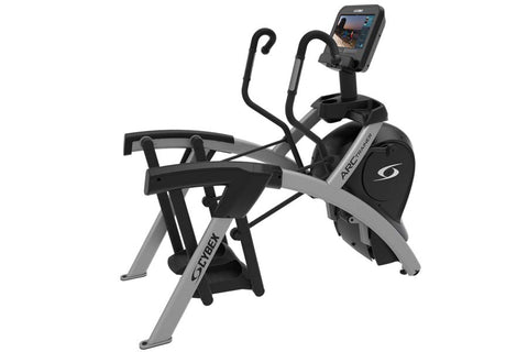 Cybex R Series Total Body Arc Trainer with gray and black frame, dual handles, and digital display console on white backgroun