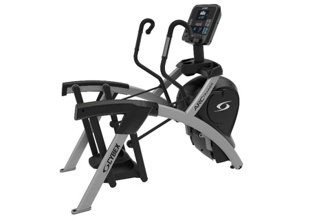 Cybex R Series Total Body Arc Trainer with gray and black frame, dual handles, and digital display console on white backgroun