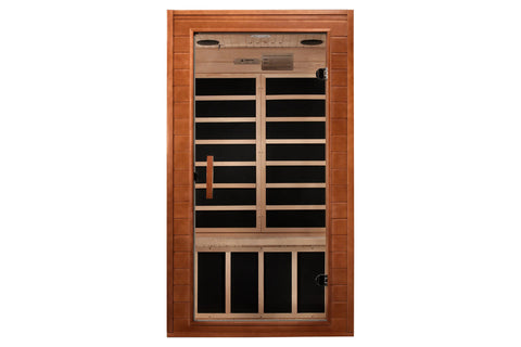 Dynamic Avila Elite far infrared sauna with hemlock wood construction, glass front door with black interior, and infrared hea