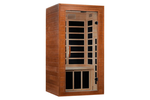 Dynamic Avila Elite far infrared sauna with hemlock wood construction, glass front door with black interior, and infrared hea