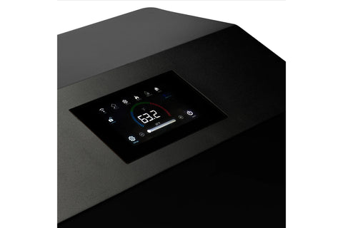 Black cube-shaped chiller unit with digital display panel on top, ventilation grilles on side, caster wheels, and metal handl