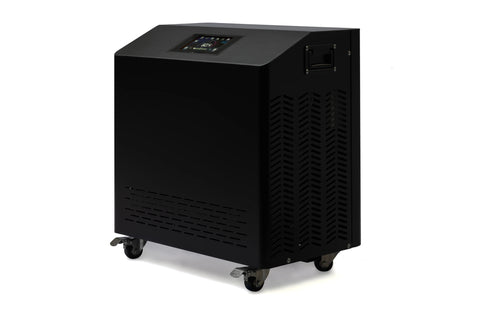 Black cube-shaped chiller unit with digital display panel on top, ventilation grilles on side, caster wheels, and metal handl