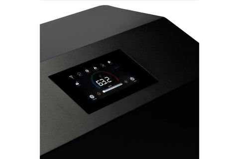 Black cube-shaped chiller unit with digital control panel on top, ventilation vents on sides, and four locking caster wheels 