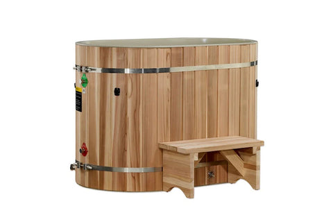 Cedar wood cold plunge barrel with stainless steel bands, glass top, and wooden step stool on white background