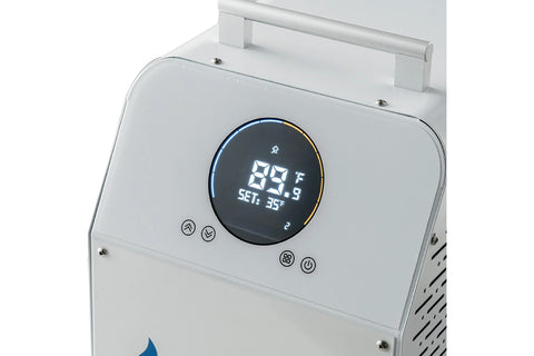 White Dynamic Cold Therapy mobile unit with digital temperature display, perforated metal grille, control panel, and wheeled 