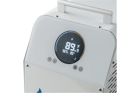 White Dynamic Cold Therapy machine with digital display showing temperature, perforated metal panel, blue logo, control butto