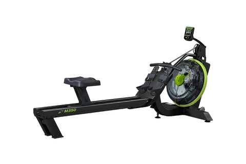 Black and neon green M350 rowing machine with large circular fan wheel, digital display console, and ergonomic seat on white 
