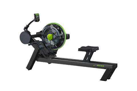 Black and neon green M550 rowing machine with digital display monitor, magnetic resistance wheel, and padded seat on white ba