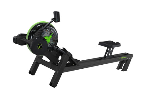 Black and neon green M550 rowing machine with digital display monitor, magnetic resistance wheel, and padded seat on white ba