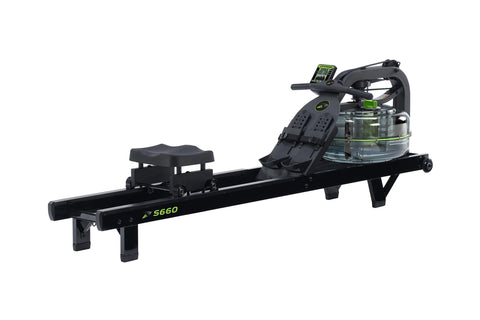 Black Dynamic Fluid S660 rowing machine with digital monitor, green accents, and water resistance chamber on white background